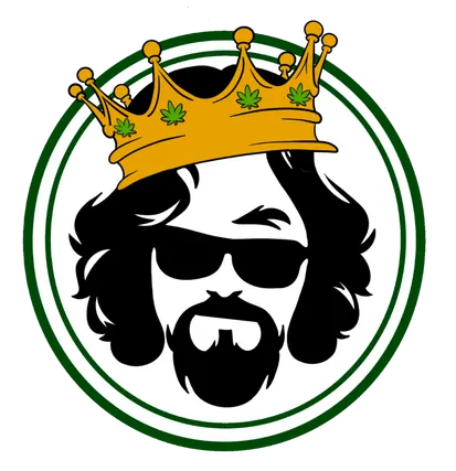 Man with sunglasses and beard wearing a crown with cannabis leaves, within a green circle.