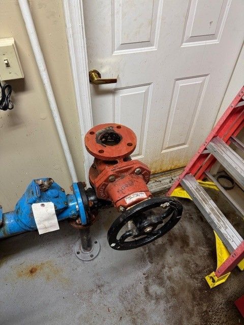 Orange and blue industrial valves and pipes beside a white door in a utility room