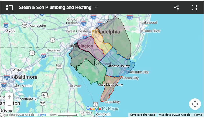 Map of southern New Jersey with colorful service-area overlays around counties located in South Jersey