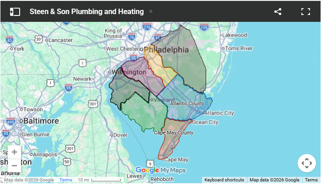 Map of southern New Jersey with colorful service-area overlays around counties located in South Jersey