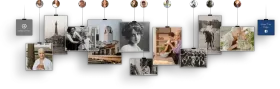 A wall-mounted photo collage with hanging clips, featuring black-and-white and color travel and family photos.