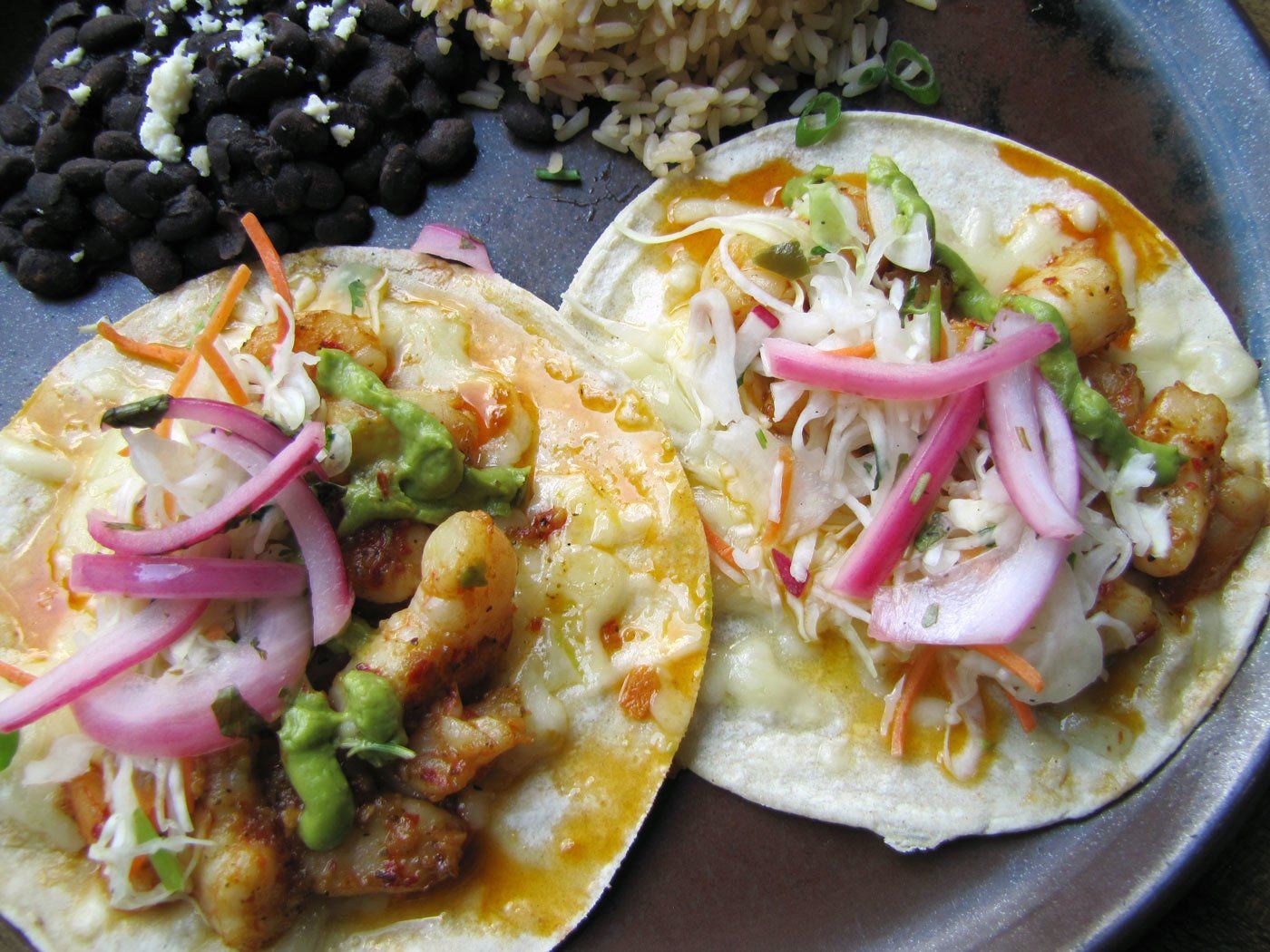 Shrimp tacos with pickled onion, rice and black beans at Mi Casa in Breckenridge