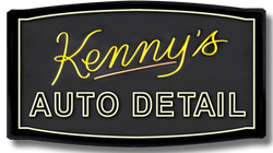 The logo for kenny 's auto detail is black and yellow