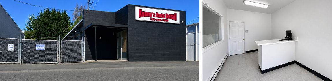 Exterior and interior views of a clean, empty commercial building with white walls and black trim.