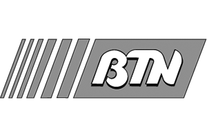 Een zwart-wit logo voor btn op een witte achtergrond.
