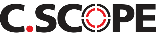 Het logo voor c.scope is zwart en rood met een doelwit in het midden.