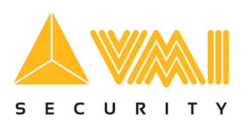 Een geel en zwart logo voor avm security