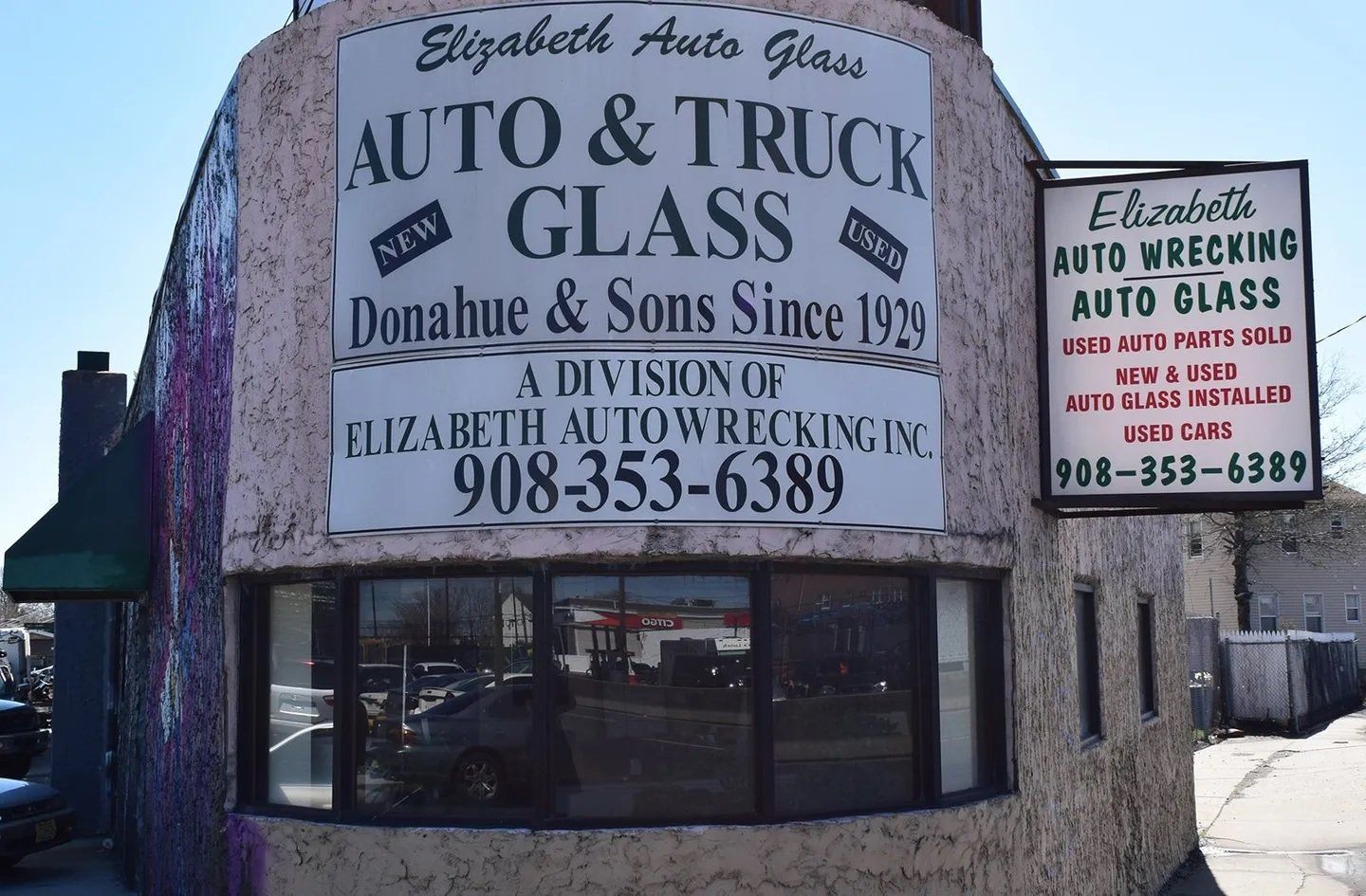 Storefront for Elizabeth Auto Glass & Auto Wrecking Co. Inc. Photo of Elizabeth Auto Glass & Auto Wrecking Co. Inc. in Elizabeth, NJ, used auto parts, new and used auto glassed installed, and used cars, near Linden and Newark.