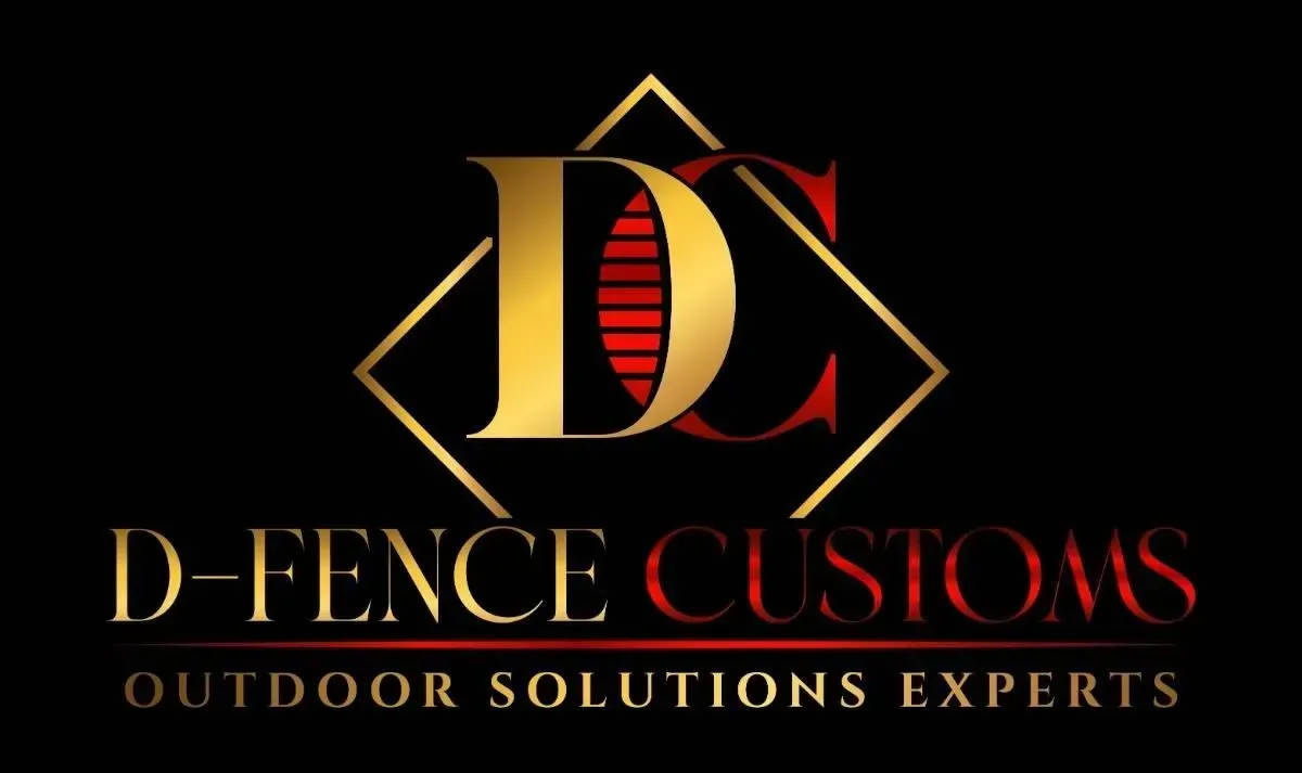 Logo for D-Fence Customs with gold letters and diamond shape.  Text includes "Outdoor Solutions Experts".