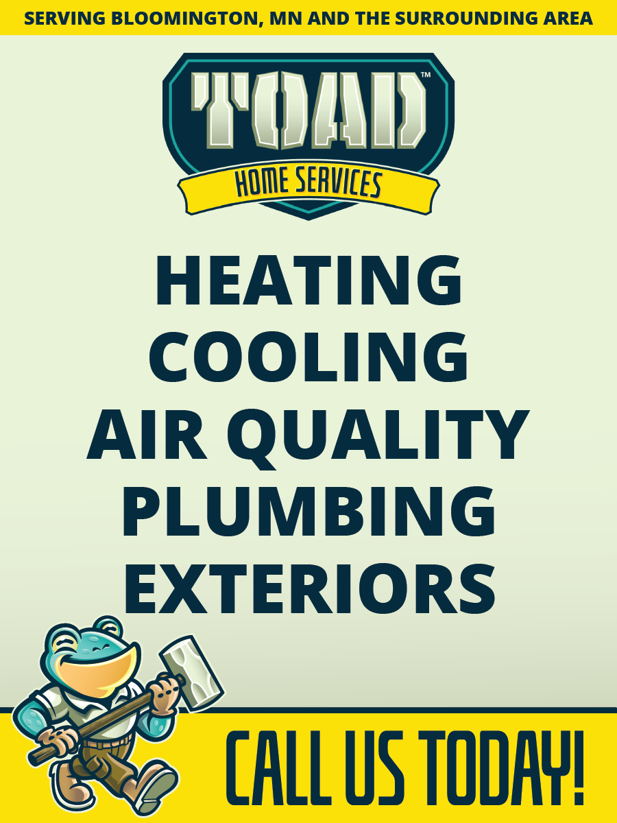 Toad Home Services ad for HVAC, plumbing, and exterior services in Bloomington, MN, featuring a cartoon toad mascot.