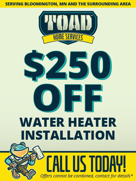 Advertisement for Toad Home Services in Bloomington, MN offering $250 off water heater installation with a cartoon toad.