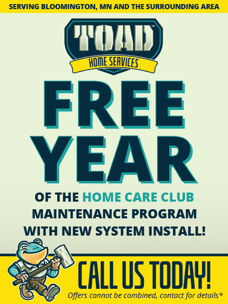 Toad Home Services flyer offering a free year of their maintenance program with a new system install in Bloomington, MN.