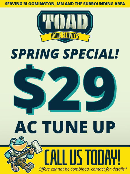 Toad Home Services flyer for a $29 AC tune-up in Bloomington, MN, featuring a cartoon toad holding a mallet.