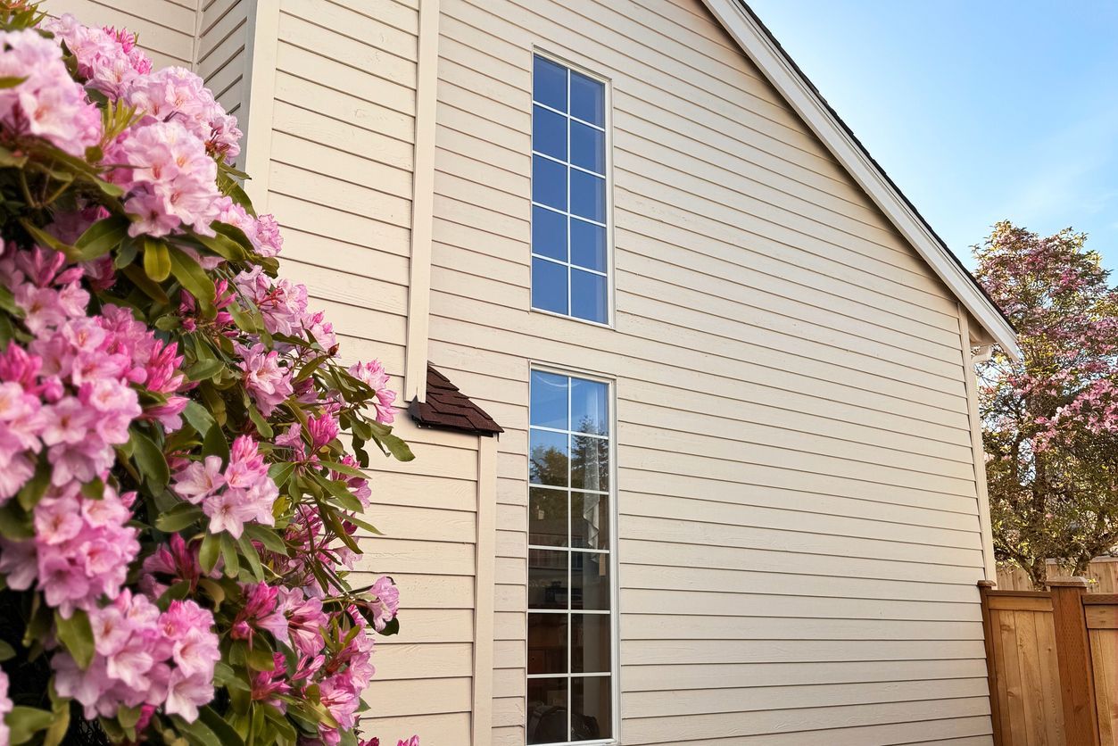 A large bush with pink rhododendron flowers sits beside a light-colored house with two vertical, stacked windows.