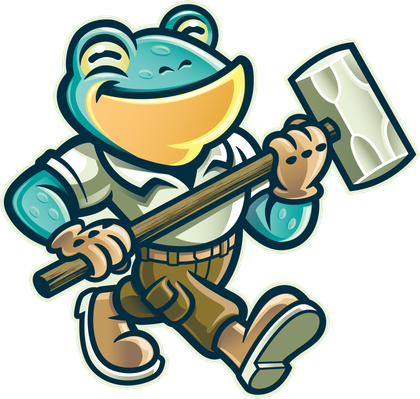 A cartoon frog wearing a white shirt and brown pants walks while happily carrying a large mallet.