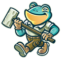 A cartoon frog wearing a collared shirt and pants, smiling while walking and carrying a large mallet.