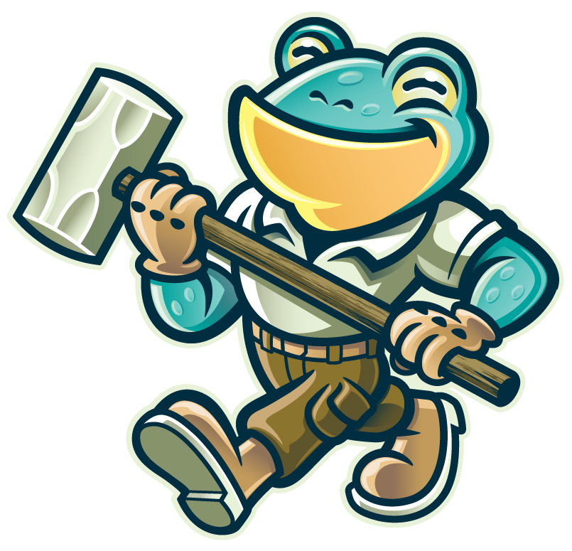 A cartoon frog wearing a white shirt and brown pants, smiling while holding a large mallet over its shoulder.