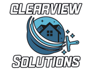 Clearview Solutions logo with blue house and swoosh, black-and-white text, on white background