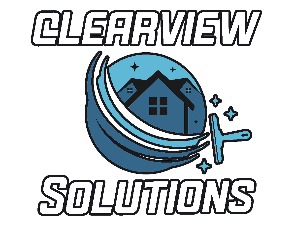 Clearview Solutions logo with blue house and swoosh, black-and-white text, on white background