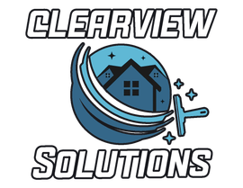Clearview Solutions logo with blue house and swoosh, black-and-white text, on white background
