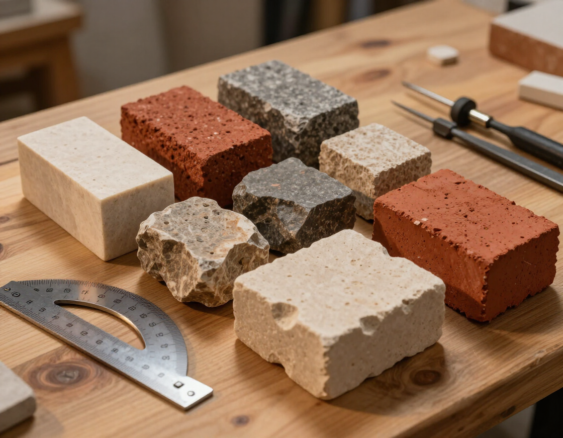 Five stone material samples on a mason's worktable