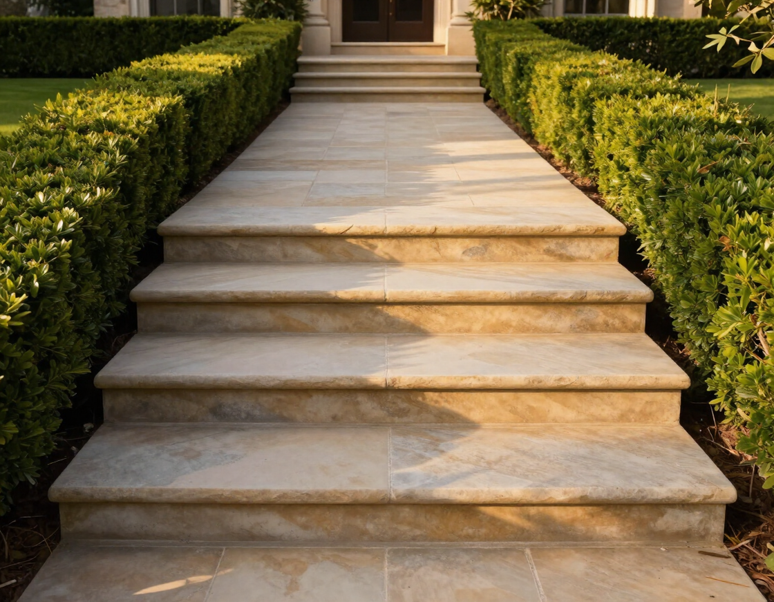 Cut limestone steps and walkway leading to a formal estate entry