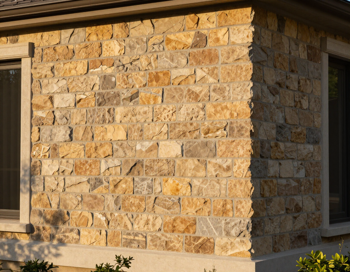 Natural stone veneer facade installation on a residential exterior wall