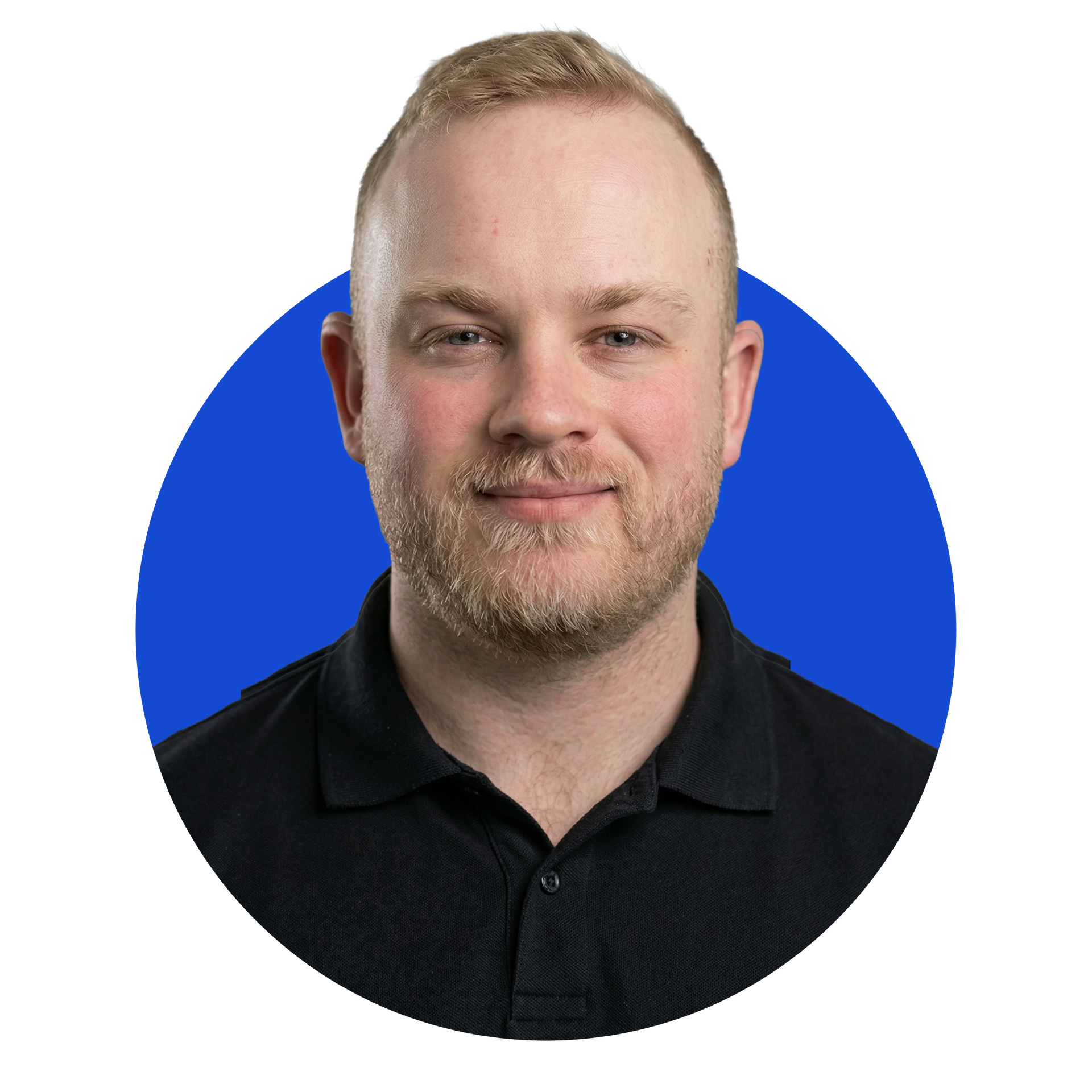 A person with a beard, wearing a black polo shirt, centered on a bright blue circular background.