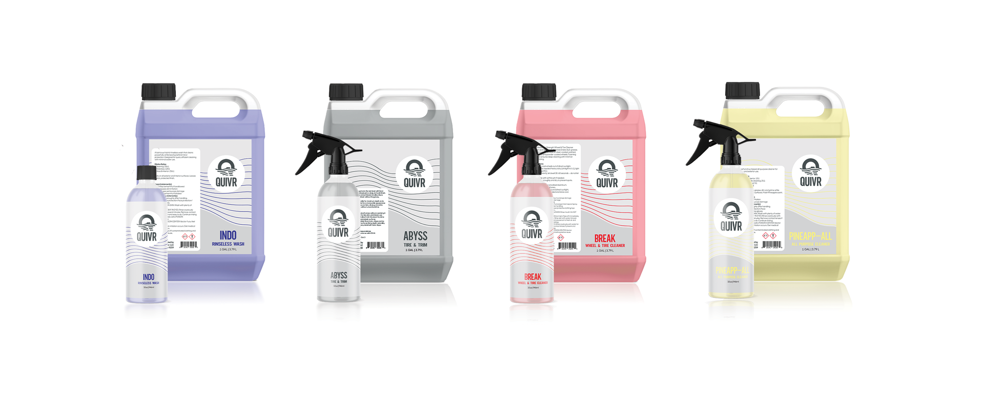 Four sets of matching cleaning solution spray bottles and large refill jugs in purple, grey, pink, and yellow.