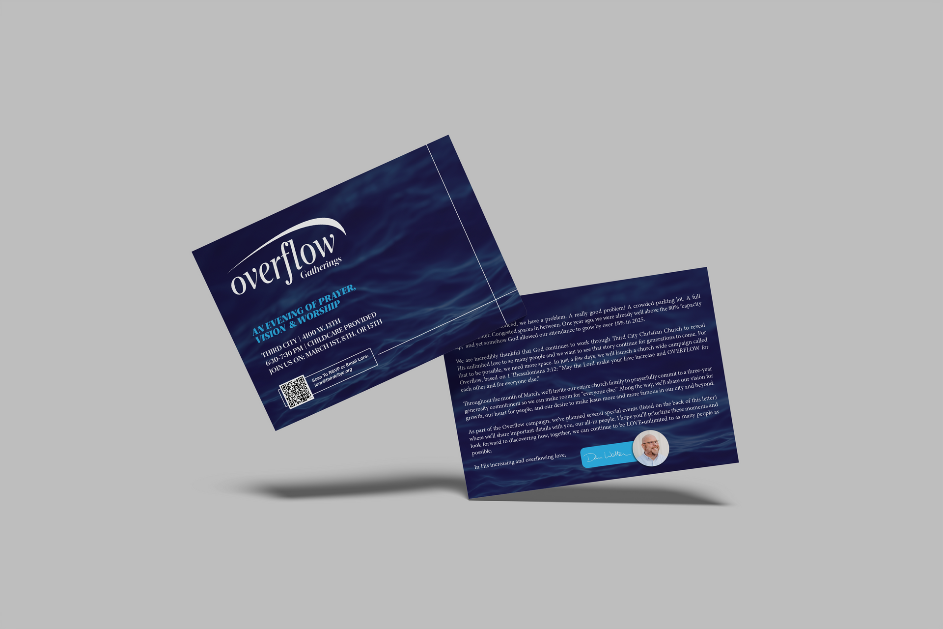 Two Overflow cards on a grey background: one with the logo and contact info, one with text and a QR code.