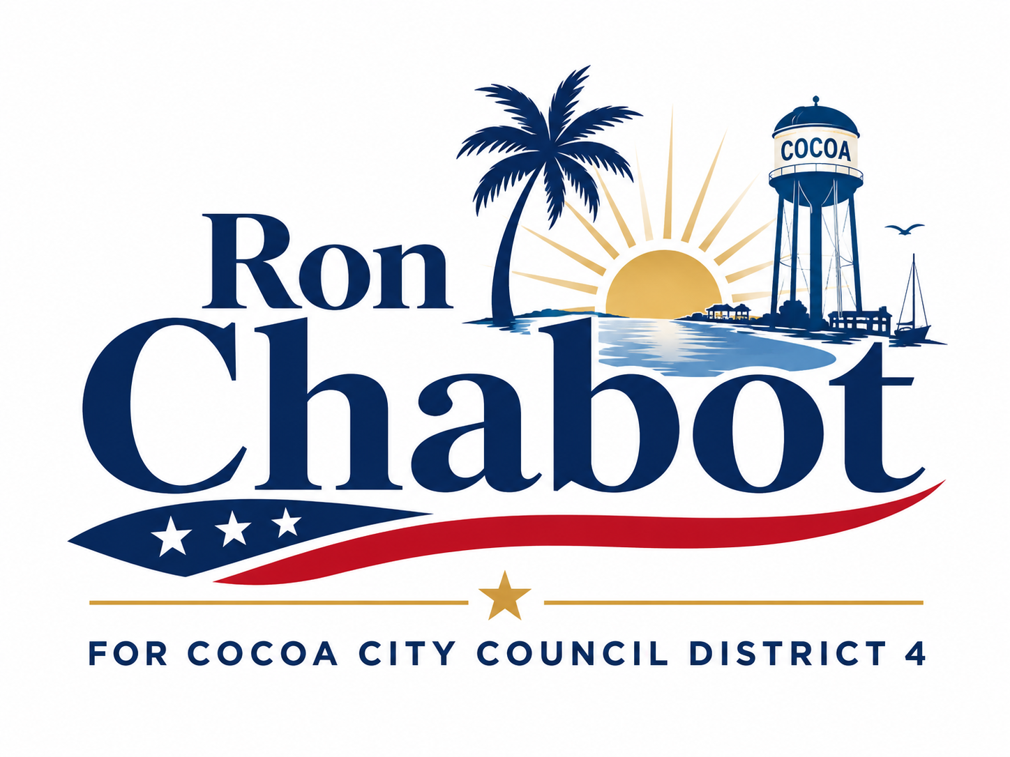 Ron Chabot campaign logo for Cocoa City Council District 4 with palm trees, sunrise, and water tower