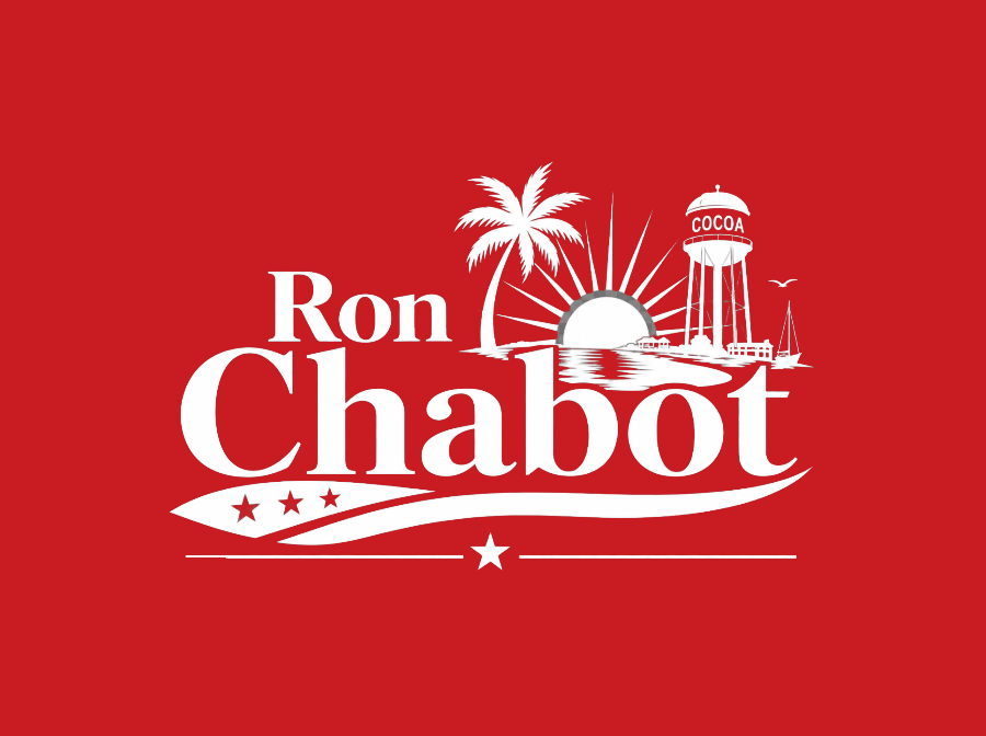 Ron Chabot logo in white on a red background with palm tree, sun, and water tower