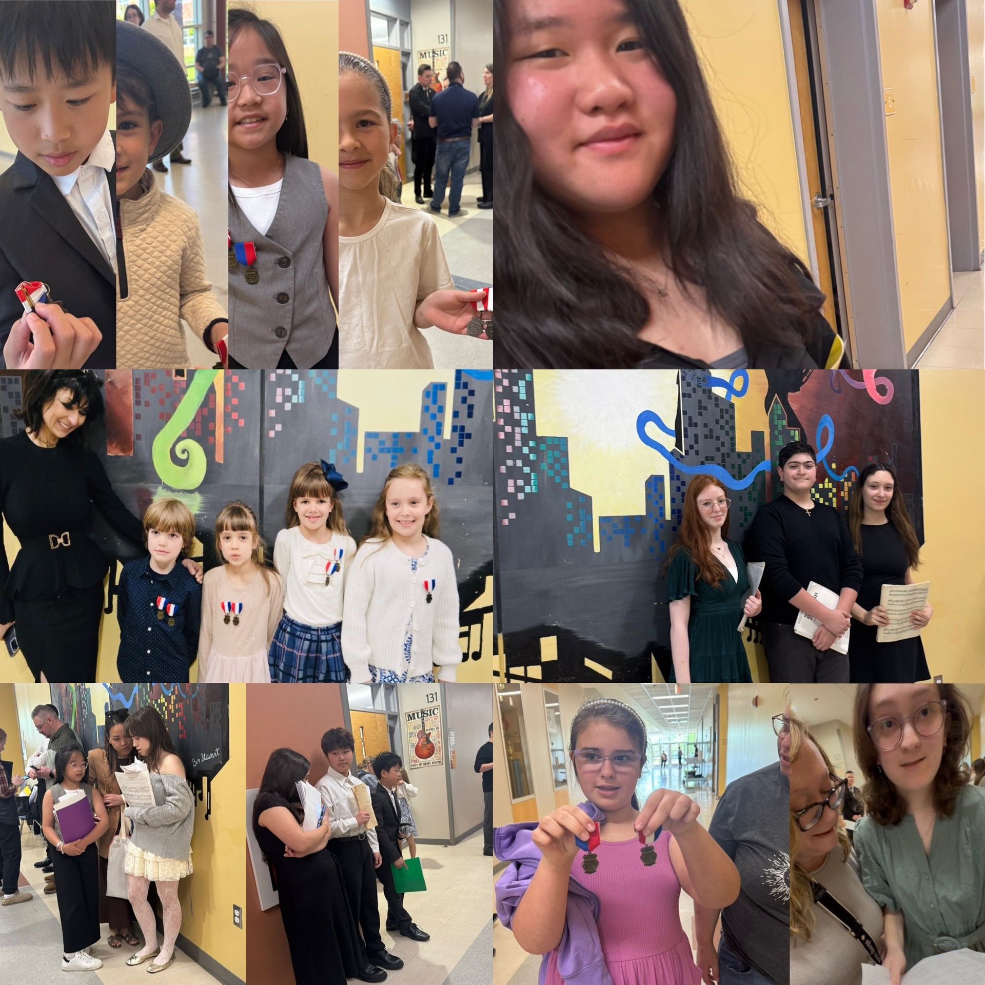 Students posing in a school hallway collage with colorful musical notes and murals