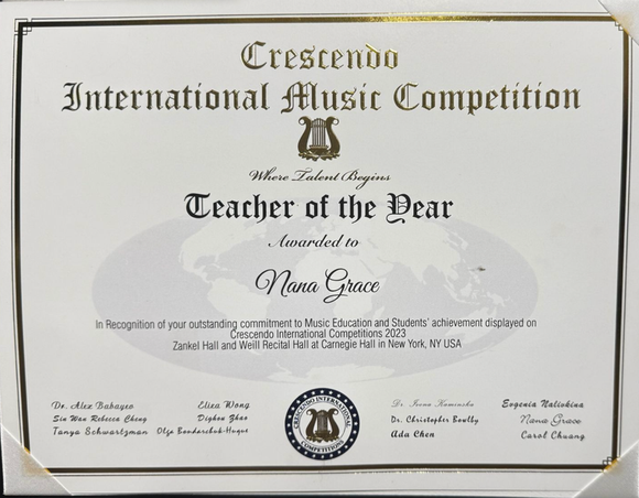 Framed Crescendo International Music Competition Teacher of the Year award certificate