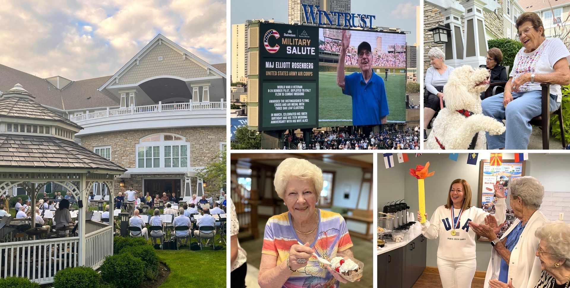 Collage of seniors enjoying various activities: outdoor concert, baseball game, eating dessert, and indoor group activity.