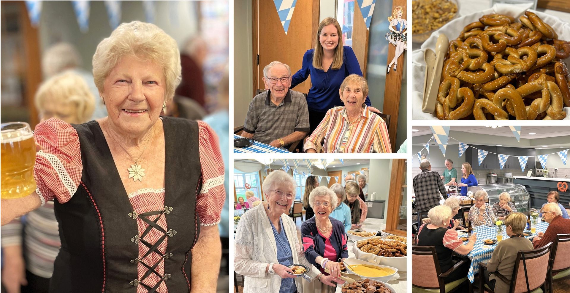 Group of seniors at an Oktoberfest celebration. Woman in traditional dress smiling, holding beer. Food and decorations are visible.