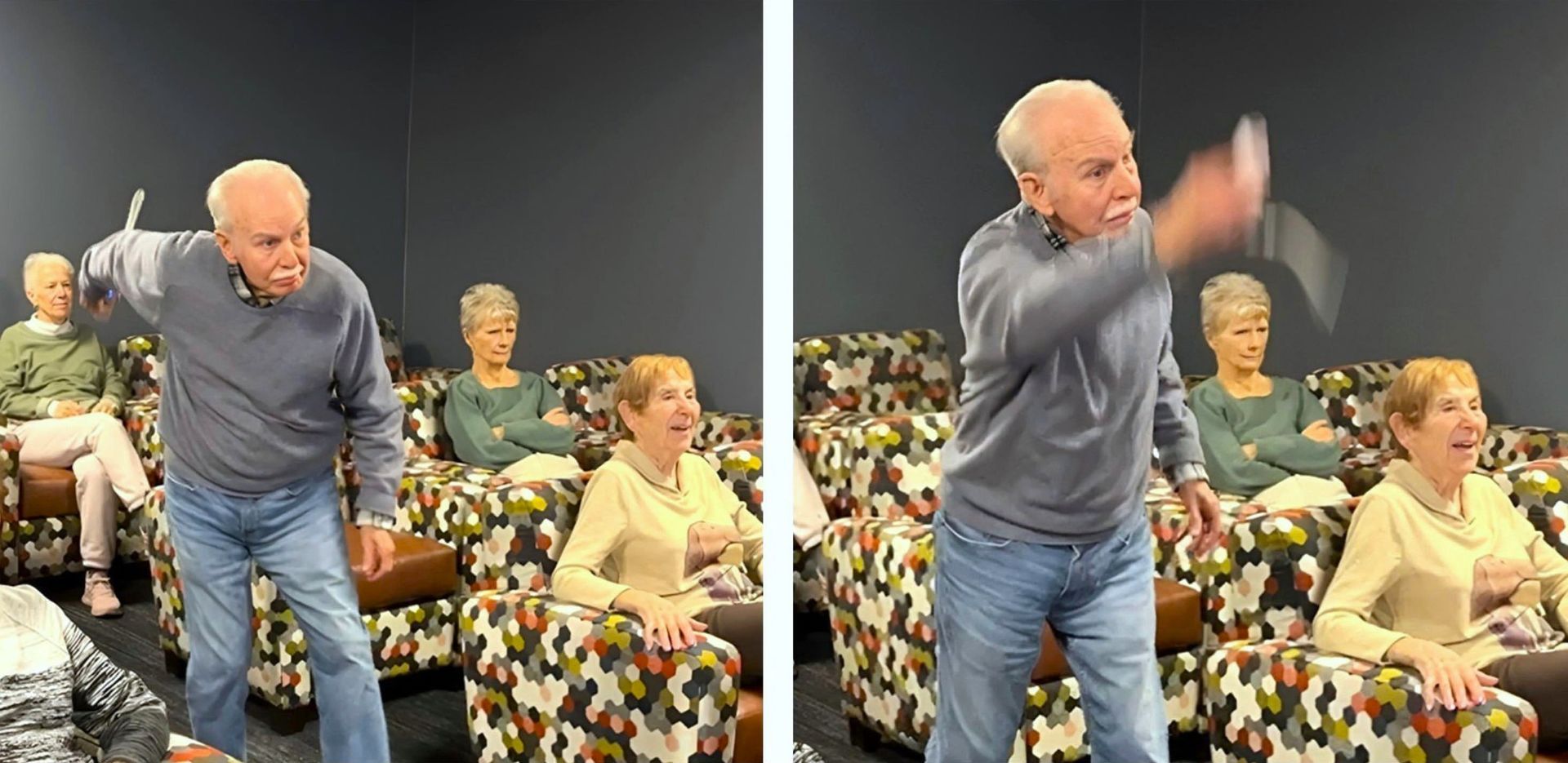A man throws a card toward the camera, with other elderly people seated nearby on patterned couches. The setting is dark.