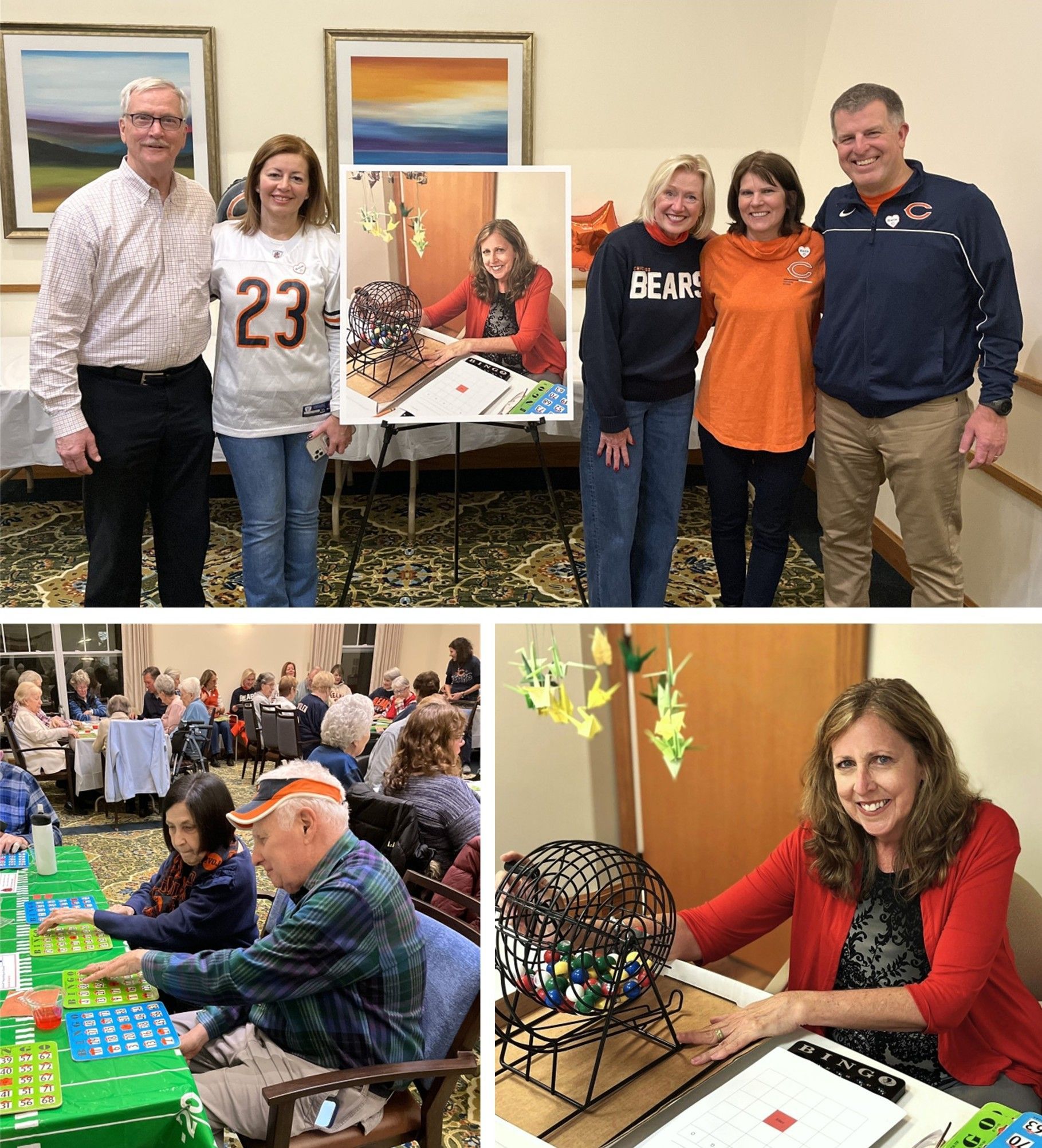 A collage showing people at a bingo event. Participants include a caller, players, and people posing together, some in sports jerseys. The setting is a community hall.