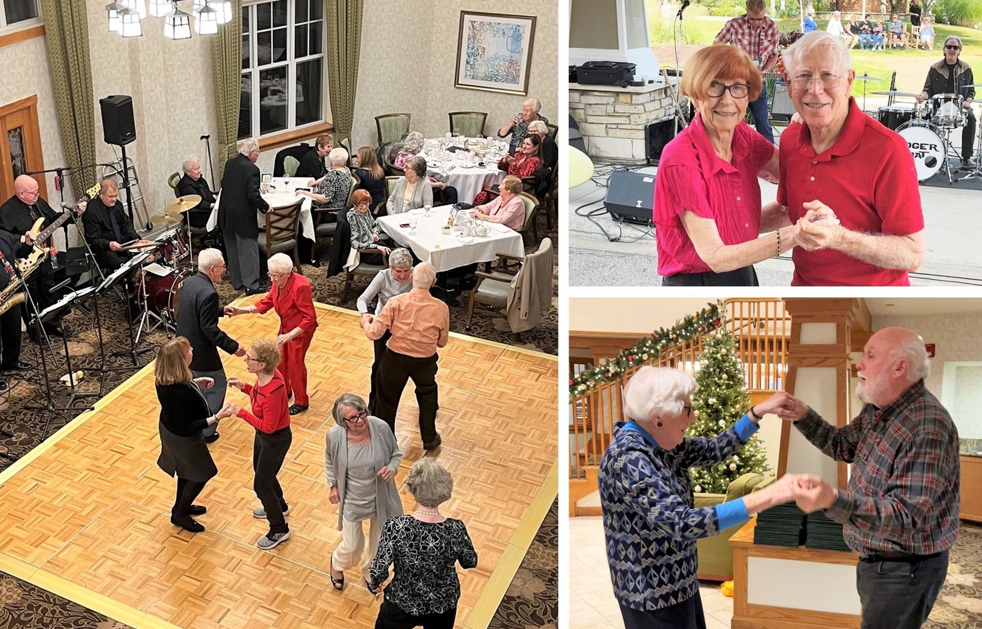 Multiple photos show senior adults dancing at various events, with live music and festive settings.