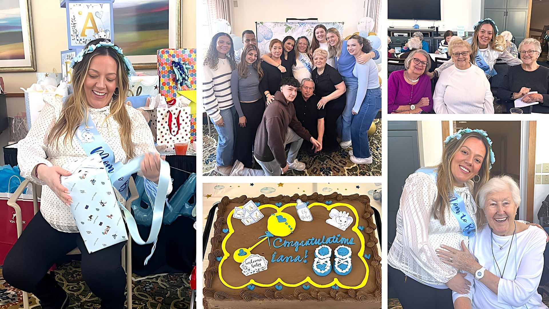 A collage showing a baby shower. A pregnant woman opens gifts, poses with guests, and celebrates with cake.