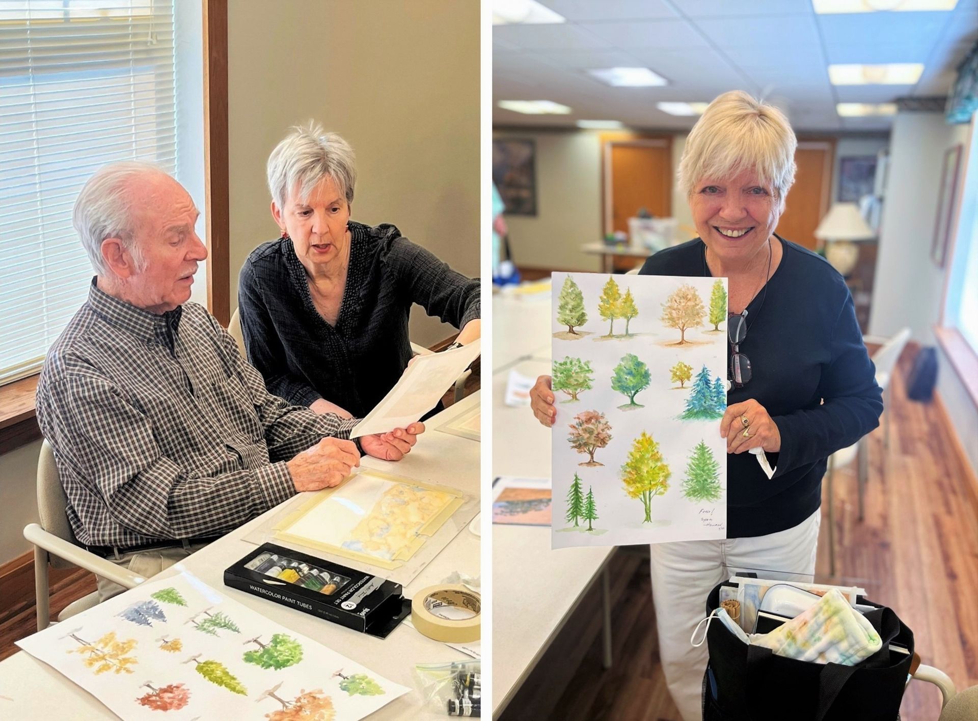Two photos: a man and woman look at art; another woman displays tree drawings in an art class setting.