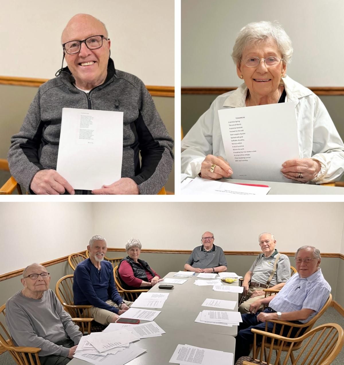 Three panels showing older adults. Top panels feature individuals holding papers, smiling. The bottom panel shows a group seated at a table with documents.
