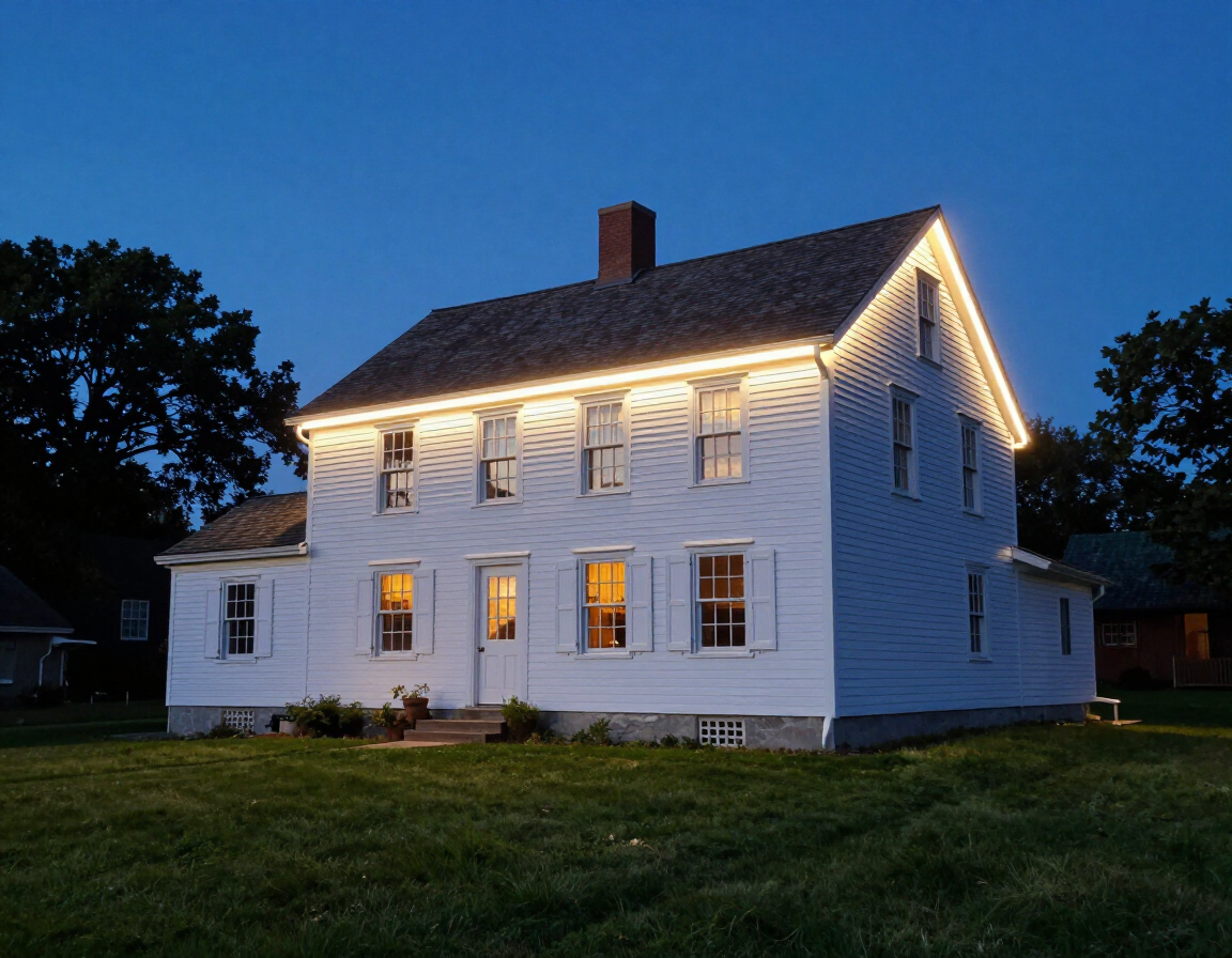 White colonial-style house at dusk, outlined by warm roof lights, standing on a grassy lawn.