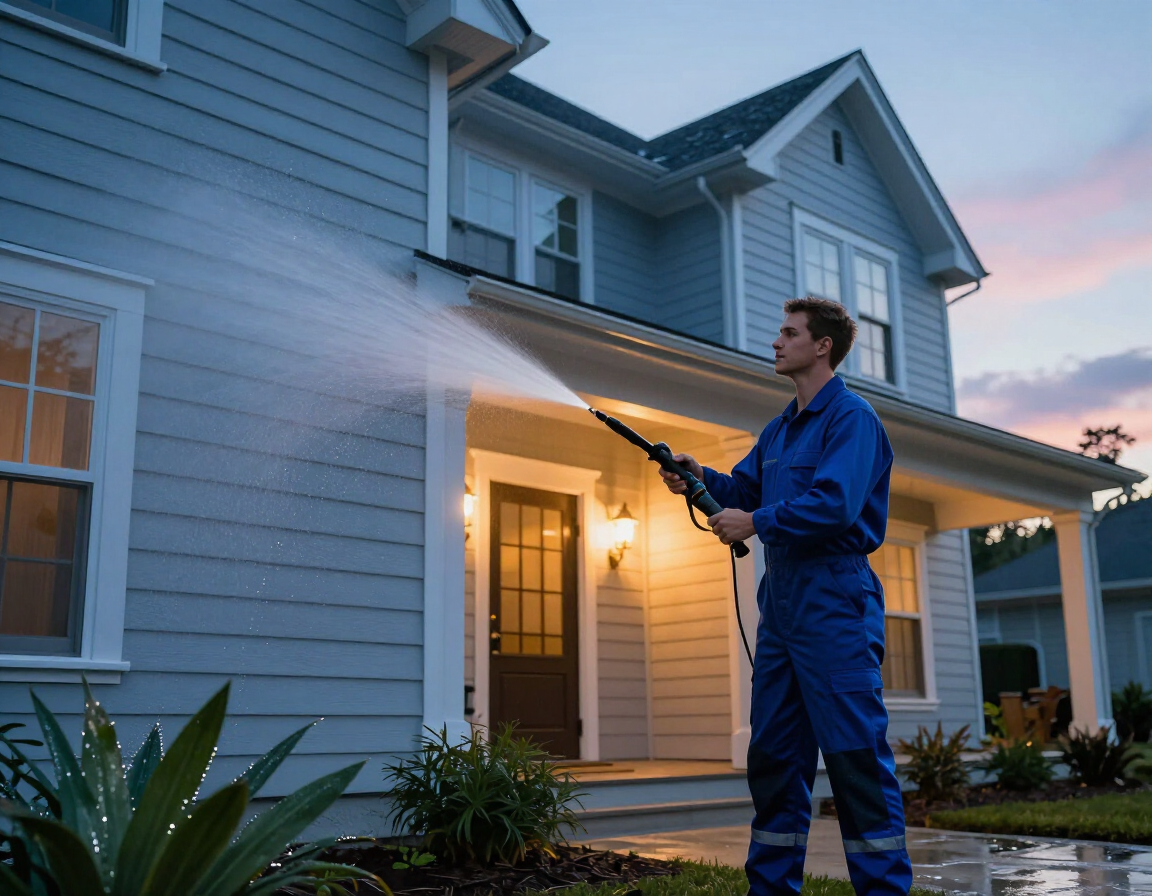 Worker in blue coveralls pressure-washing a house exterior at dusk.