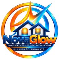 NovaGlow logo with house, sunburst, and blue-orange text for home services and LED light installations