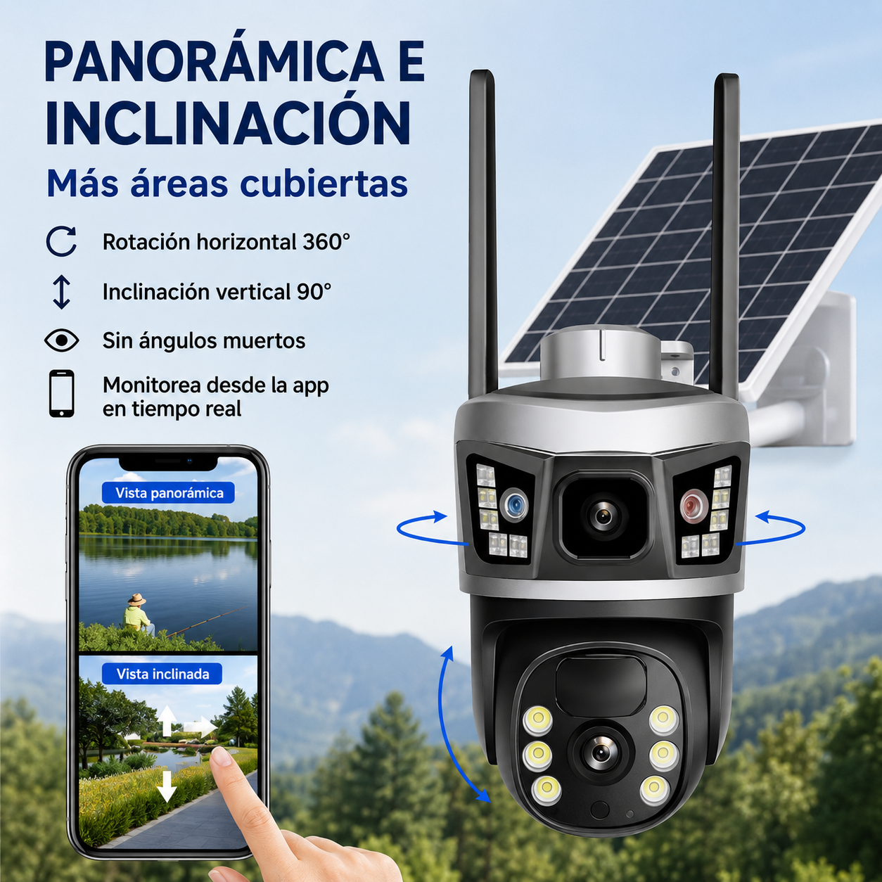 CAMARA SEGURIDAD DOBLE LENTE CON PANEL SOLAR