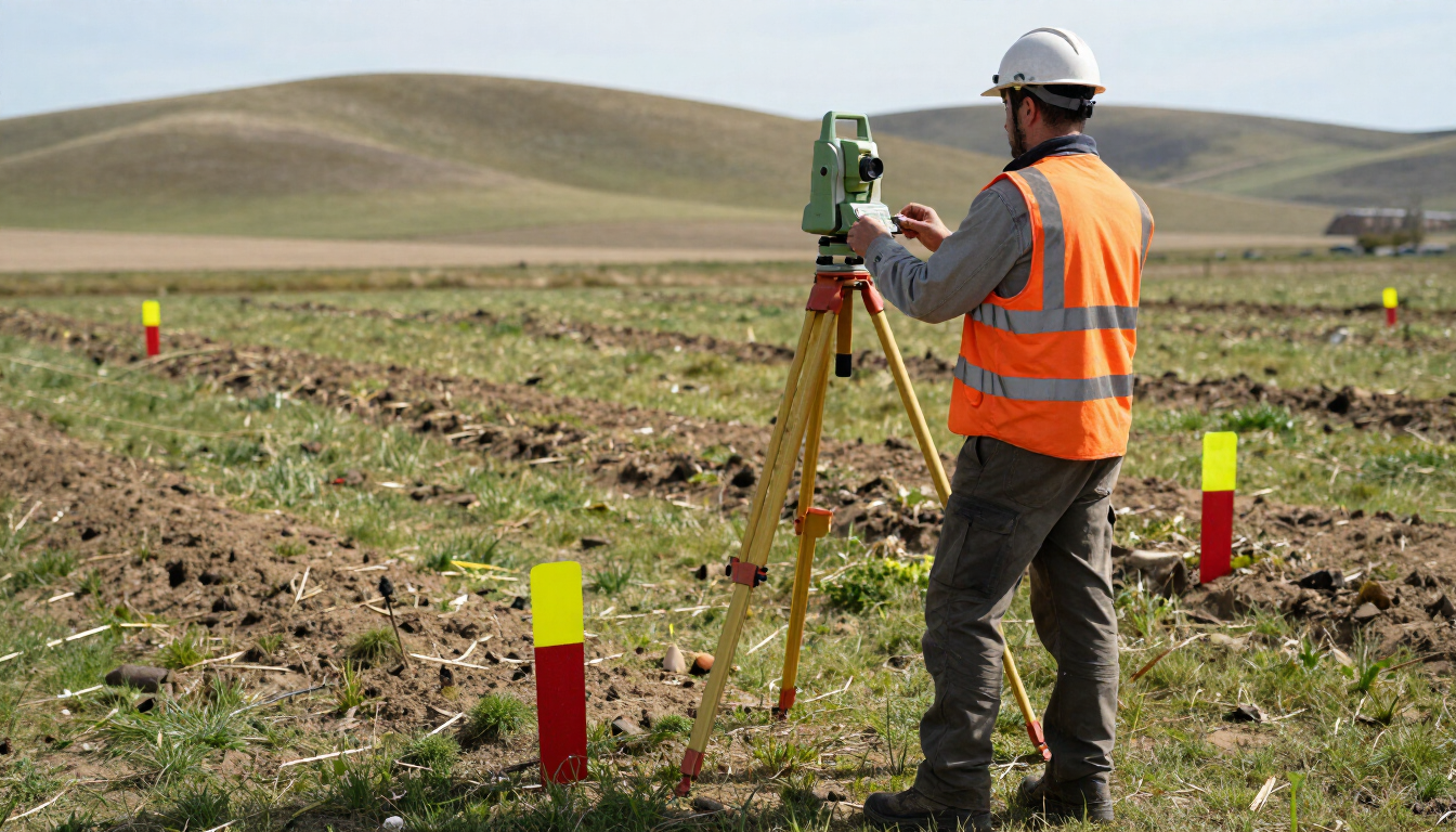 Surveyor in orange safety vest using a tripod instrument in a field with marked stakes and rolling hills.