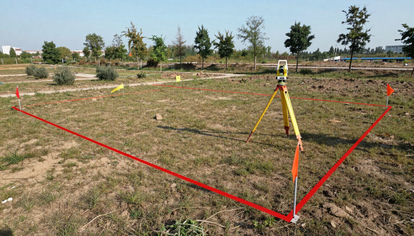 Survey tripod in a grassy field with red boundary lines and survey markers under a clear sky