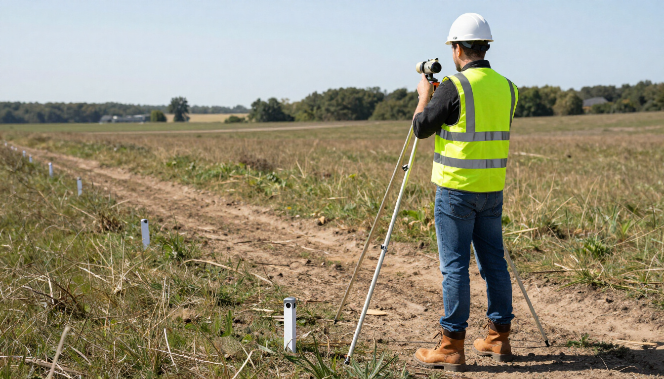 Surveyor in a hard hat and reflective vest measuring a field with equipment.