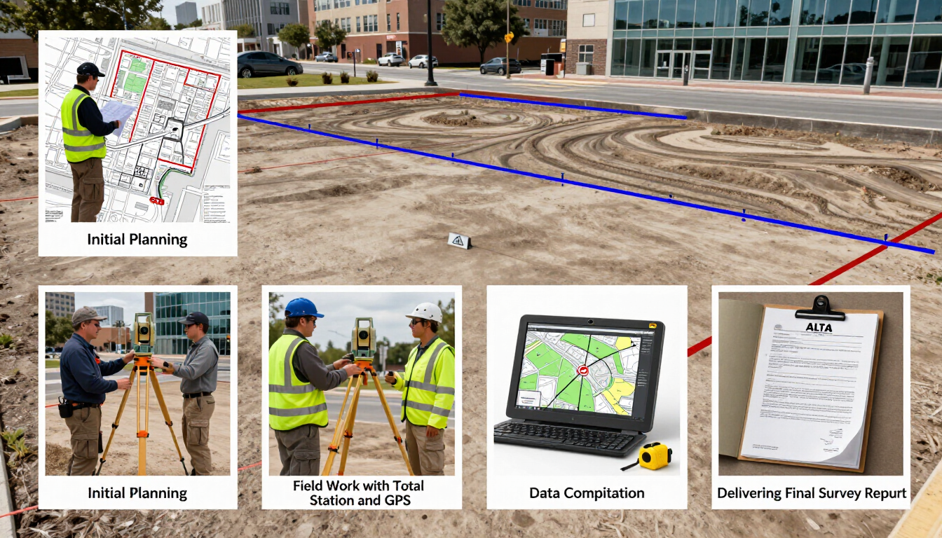Construction crew marking a site with survey maps, stakes, tablets, and plans on a dirt lot
